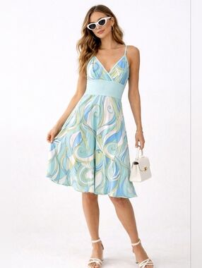 LULY K Retro Swirl Print Dress Small Aqua Blue Spaghetti Strap Empire Waist